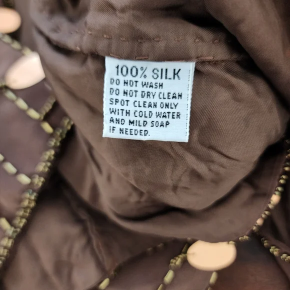 Vintage 100% Silk Chocolate Brown Copper Sequin Beaded Cardigan - Picture 3 of 7